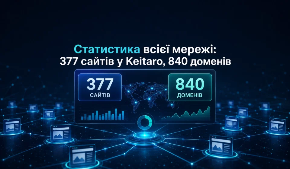 Статистика всієї сітки: 377 сайтів у Keitaro, 840 доменів